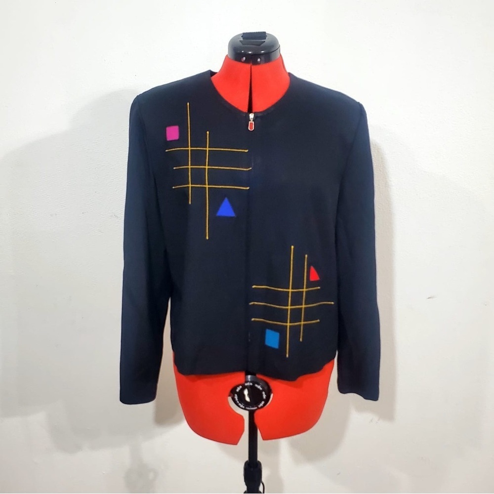 Vintage 80s John Roberts Embroidered Zip Up Black Jacket Blazer Size 14